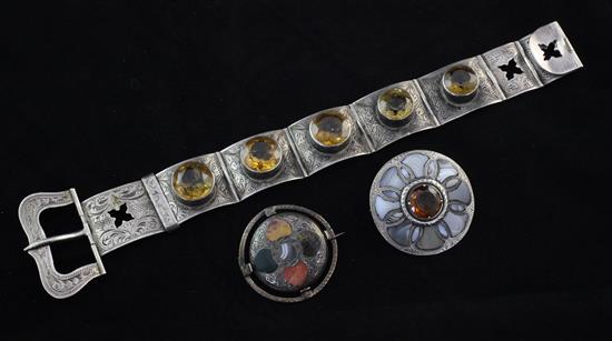 An early 20th century engraved Scottish silver and citrine bracelet, all unmarked.